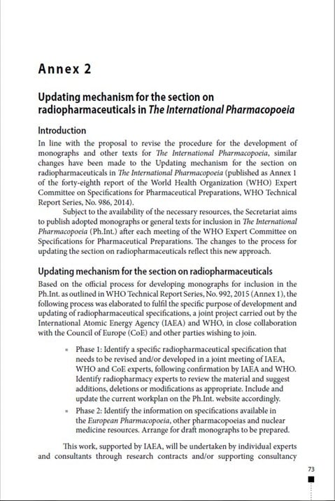 Annex 2: Updating mechanism for the section on radiopharmaceuticals in The International Pharmacopoeia
